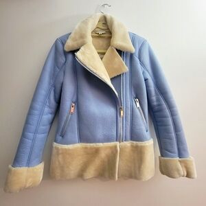 Miss Selfridge Baby Blue Faux Shearling Aviator Jacket - size 2